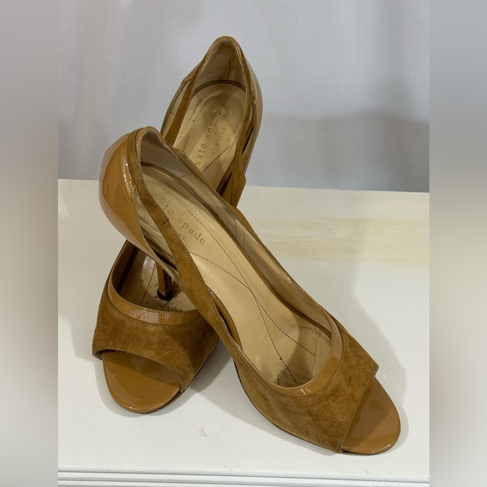 Kate Spade Camel suede open toe high heels